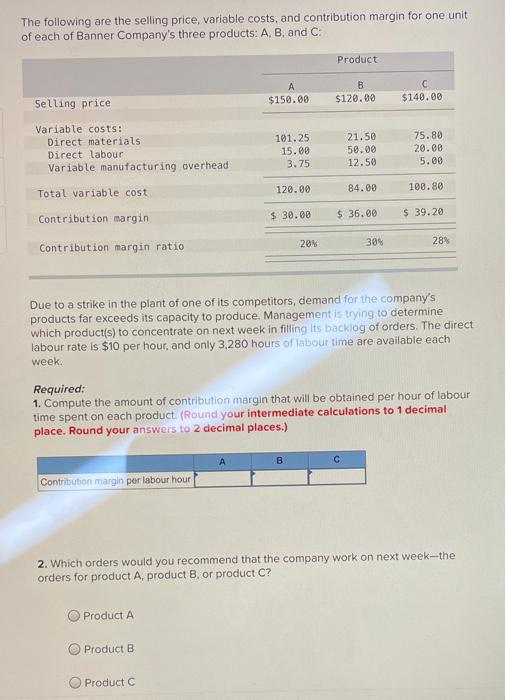 Solved The Following Are The Selling Price, Variable Costs, | Chegg.com