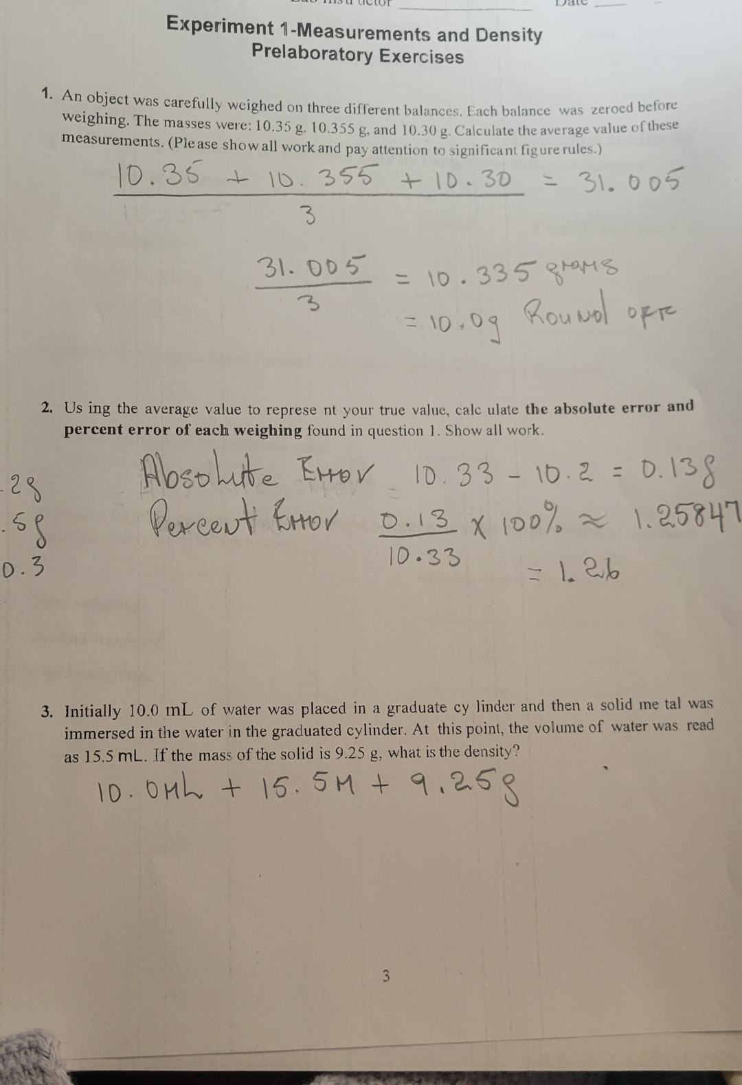 Solved Experiment 1-Measurements and Density Prelaboratory | Chegg.com