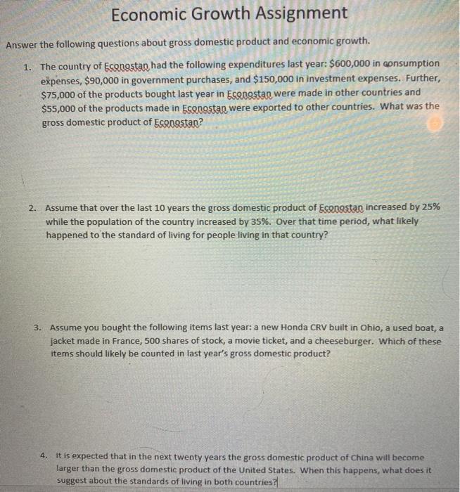 Solved Economic Growth Assignment Answer the following | Chegg.com