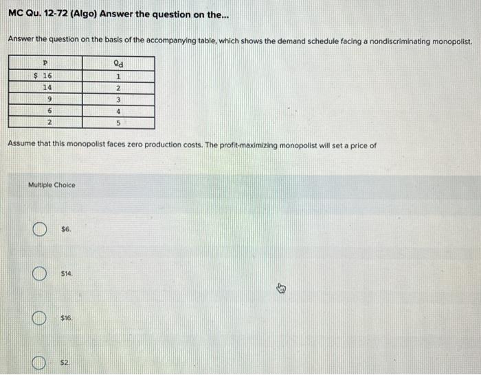 Solved Mc Qu 12 72 Algo Answer The Question On The