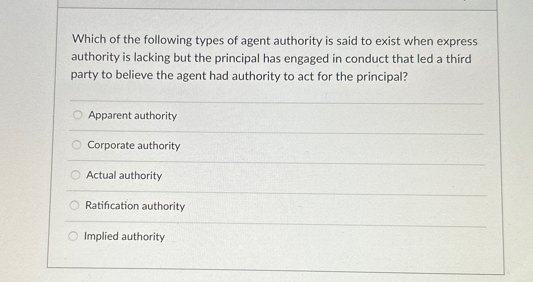 Solved Which of the following types of agent authority is | Chegg.com