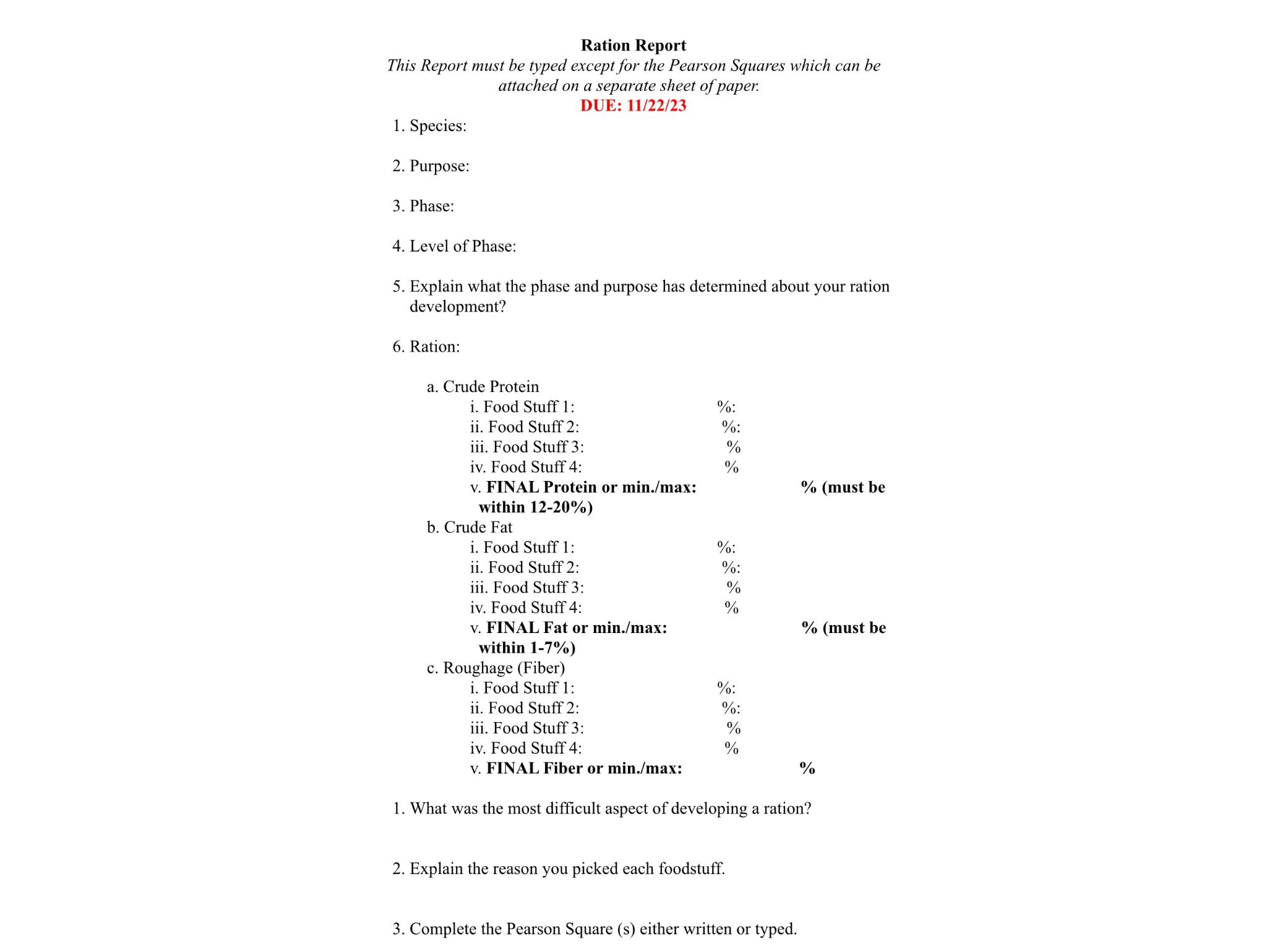 Solved Ration ReportThis Report must be typed except for the | Chegg.com