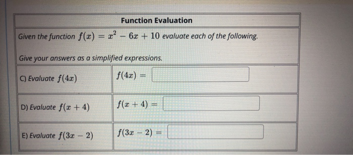 Solved Function Evaluation Given the function f(x) = x² - 6x | Chegg.com