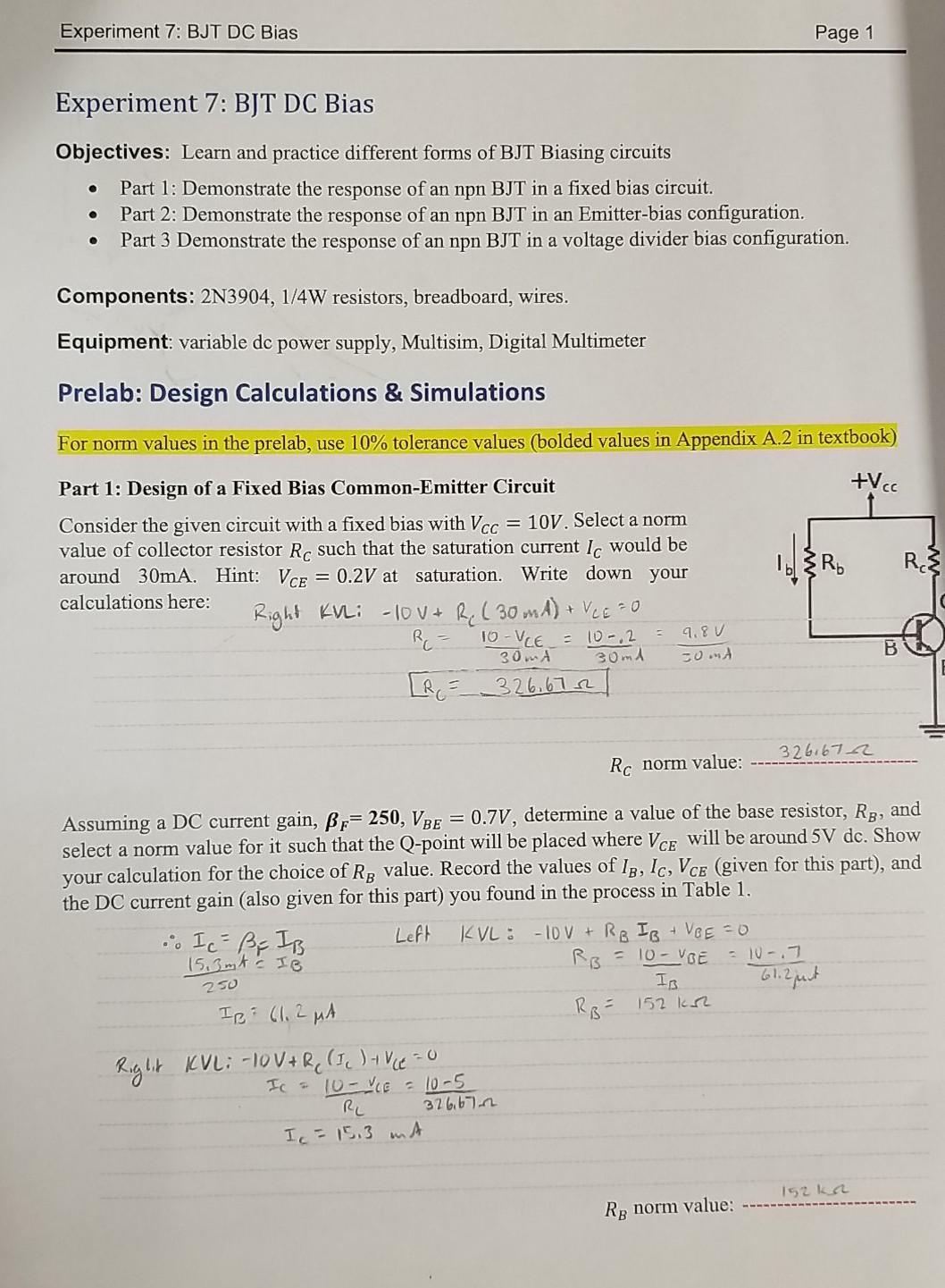 Solved Experiment 7 BJT DC Bias Page 1 Experiment 7 BJT DC