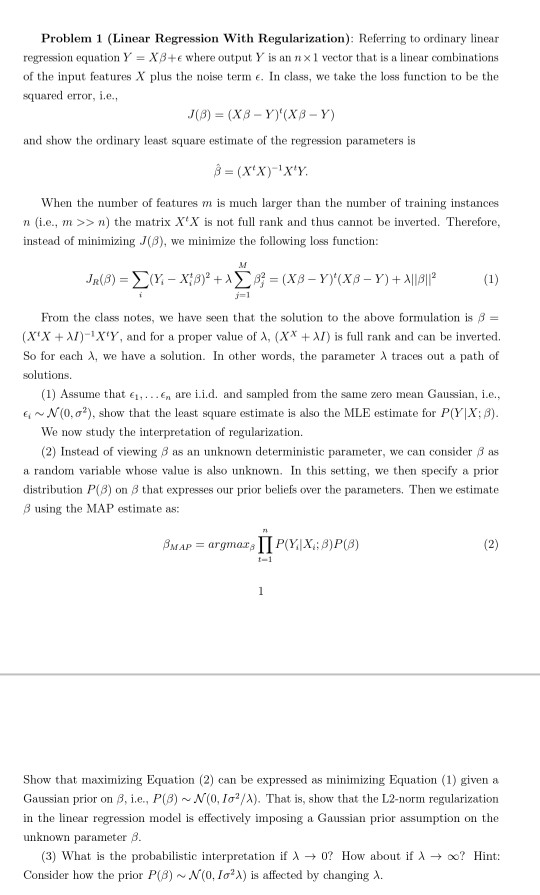 Problem 1 Linear Regression With Regularization Chegg Problem 1 Linear Regression With Regularization Chegg