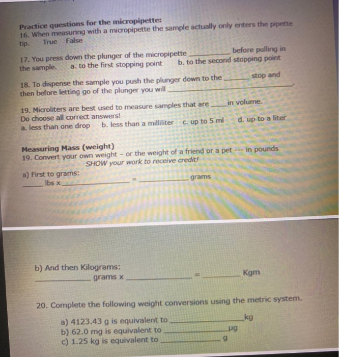 Solved Practice questions for the micropipette 16. When