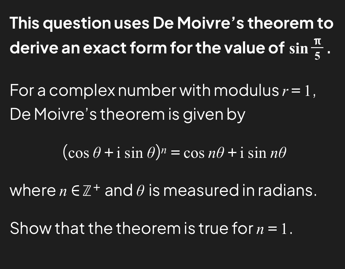 This question uses De Moivre's theorem to derive an | Chegg.com