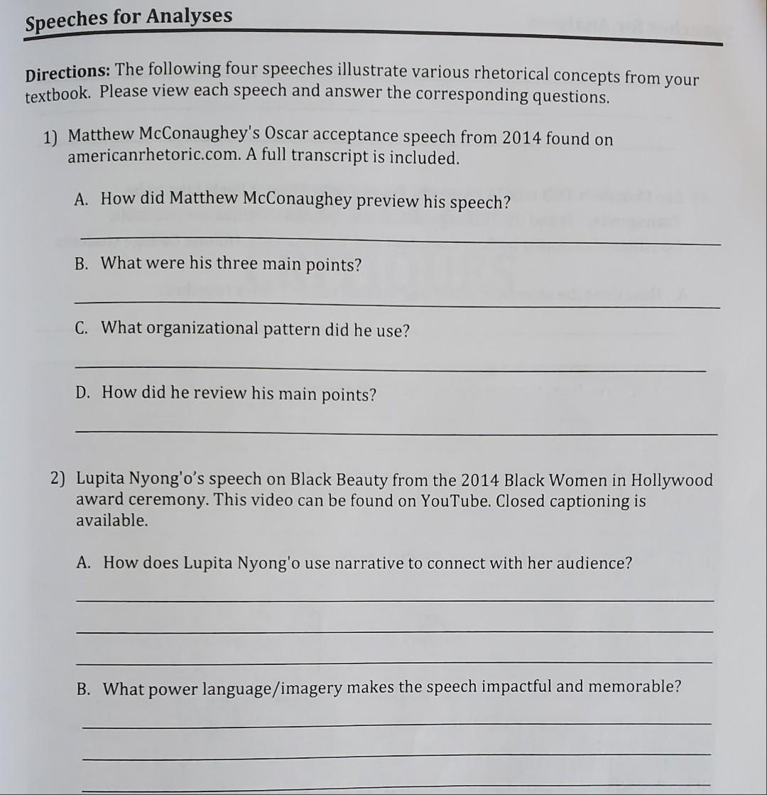 Speeches for Analyses Directions: The following four | Chegg.com