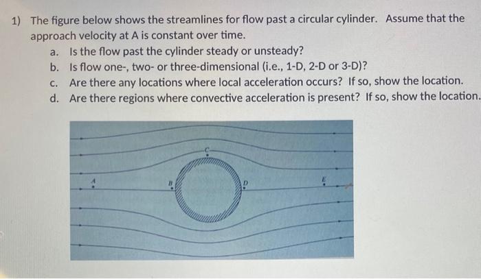 1) The figure below shows the streamlines for flow past a circular cylinder. Assume that the approach velocity at \( \mathrm{