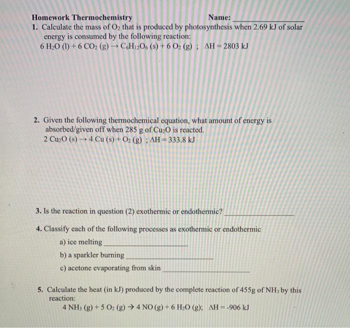 Solved Homework Thermochemistry Name: 1. Calculate The Mass | Chegg.com