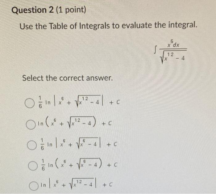 Solved Question 2 (1 point) Use the Table of Integrals to | Chegg.com