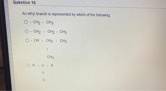 Solved Question 16 An ethyl branch is represented by which | Chegg.com