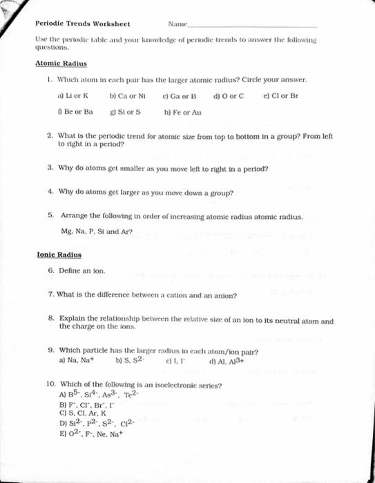 Solved 1 Periodic Trends Worksheet Kank the following | Chegg.com