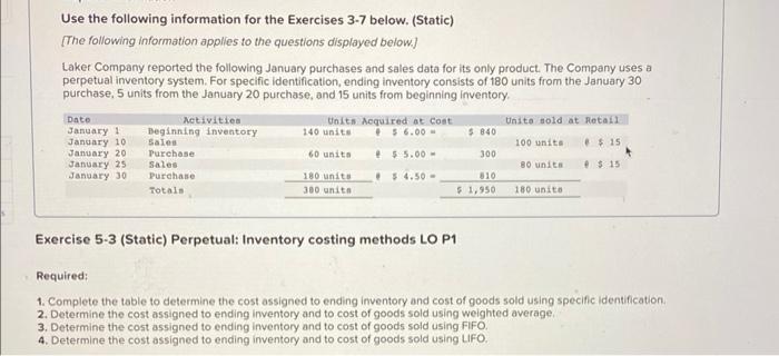 Solved Use the following information for the Exercises 3-7 | Chegg.com