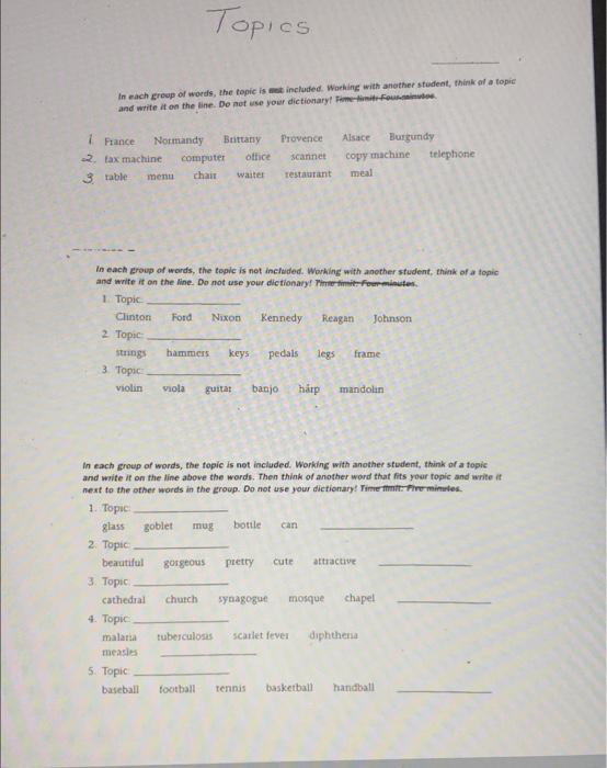 Solved Topics In each group of words, the topic is included. | Chegg.com