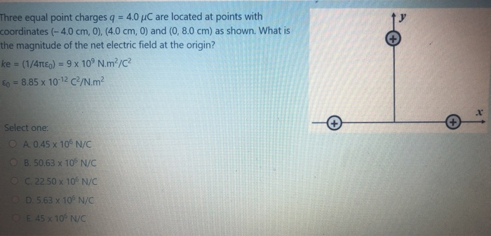 Solved Three equal point charges q = 4.0 uC are located at | Chegg.com