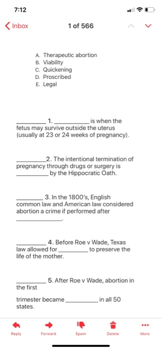 Solved 7:12 Inbox 1 Of 566 A. Therapeutic Abortion B. | Chegg.com