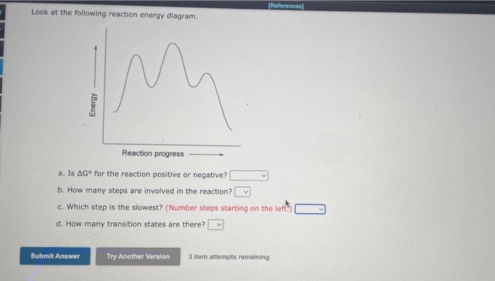 Look at the following reaction energy diagram.
a. Is \( \Delta G^{\circ} \) for the reaction positive or negative?
b. How man