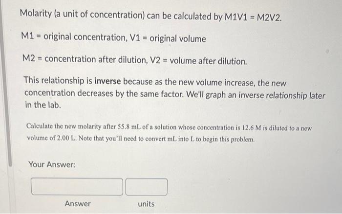 Solved Molarity (a unit of concentration) can be calculated | Chegg.com