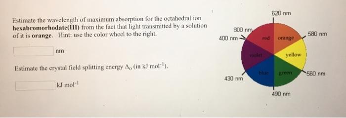 Solved 620 nm Estimate the wavelength of maximum absorption | Chegg.com