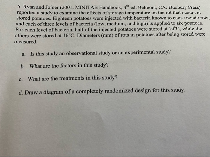 Solved 5. Ryan and Joiner (2001, MINITAB Handbook, 4th ed.