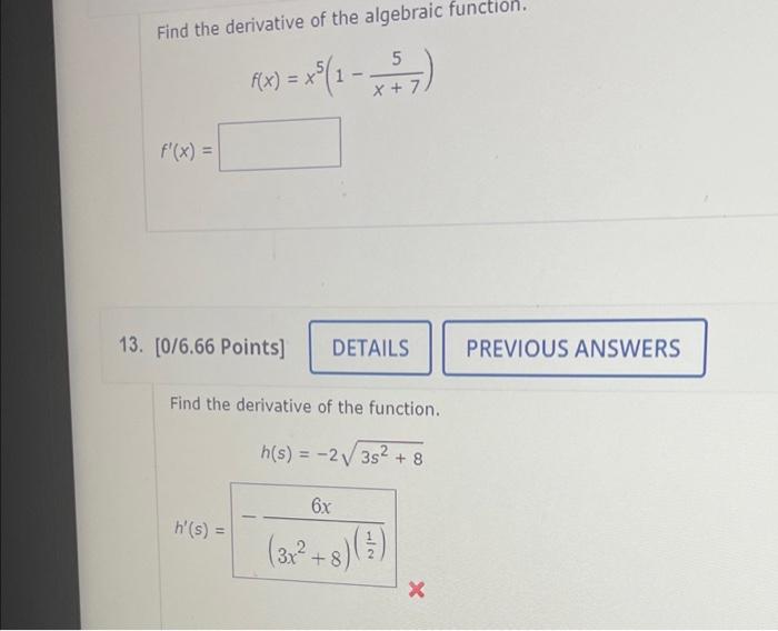 Solved Find The Derivative Of The Algebraic Function 3347