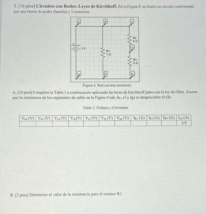 5. [16 ptos] Circuitos con Redes: Leyes de Kirchhoff. En la Figura 4, se ilustra un circuito conformado por una fuente de pod