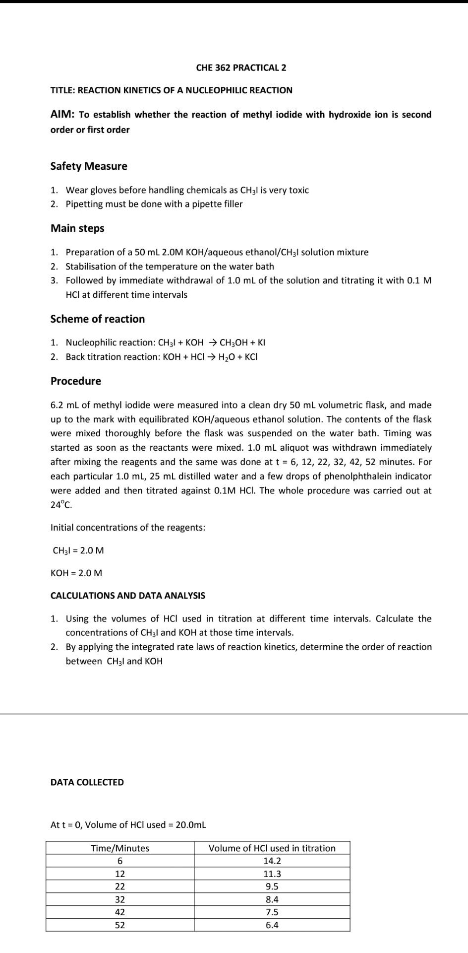 CHE 362 PRACTICAL 2
TITLE: REACTION KINETICS OF A NUCLEOPHILIC REACTION
AIM: To establish whether the reaction of methyl iodi