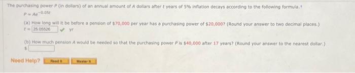 Solved The purchasing power P(in dollars) of an annual | Chegg.com