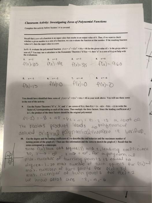 Classroom Activity: Investigating Zeros of Polynomial | Chegg.com