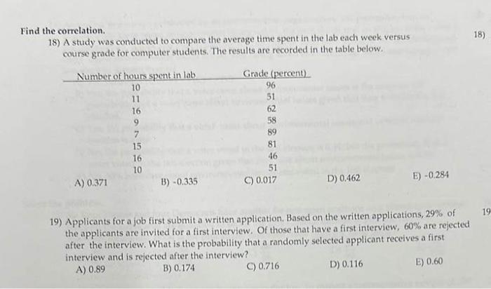 Solved Find the correlation. 18) A study was conducted to | Chegg.com