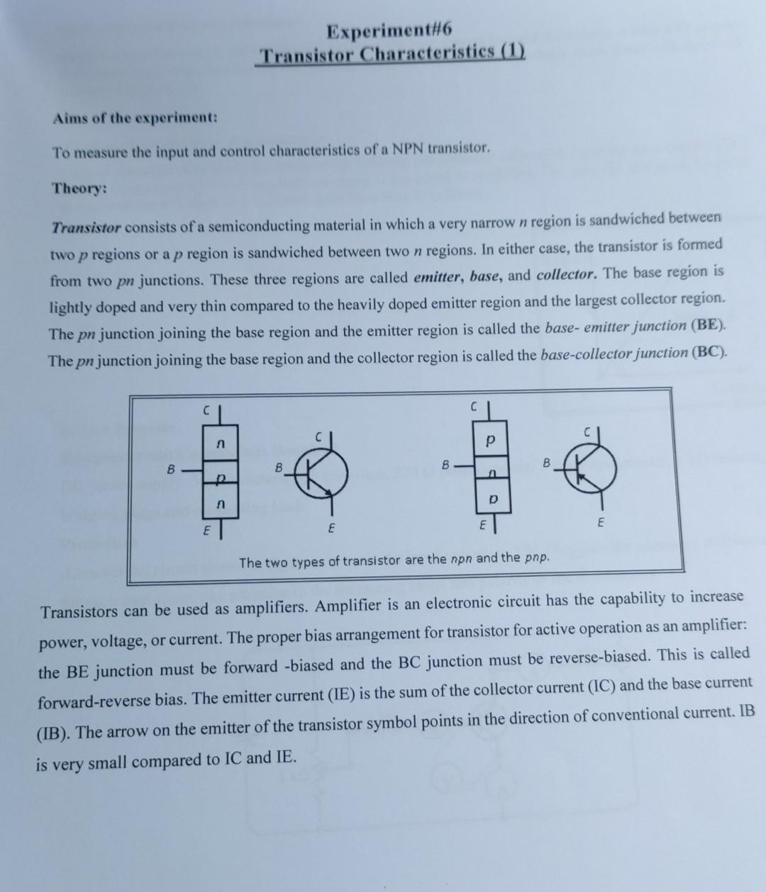 Solved Experiment6 Transistor Characteristics (1) Aims of