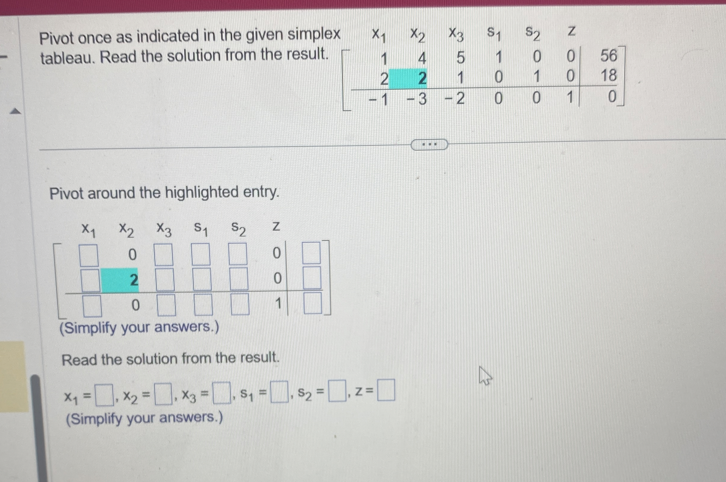 Solved Pivot once as indicated in the given simplex | Chegg.com