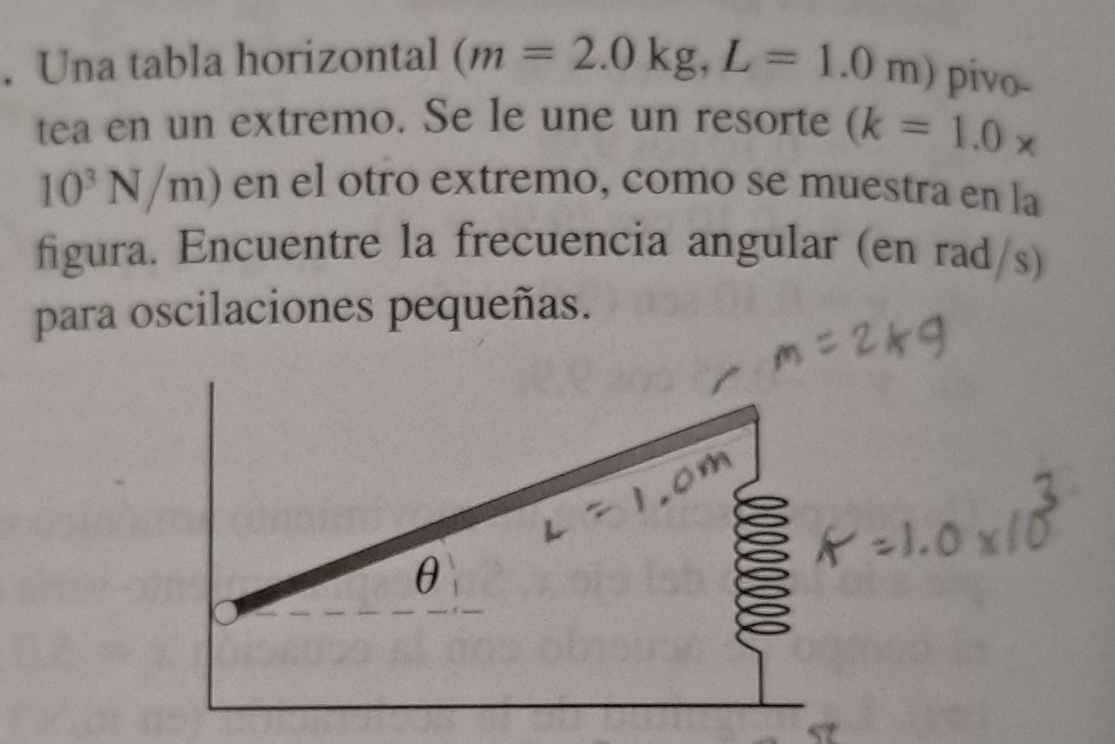 Una tabla horizontal \( (m=2.0 \mathrm{~kg}, L=1.0 \mathrm{~m}) \) pivotea en un extremo. Se le une un resorte \( (k=1.0 x \)