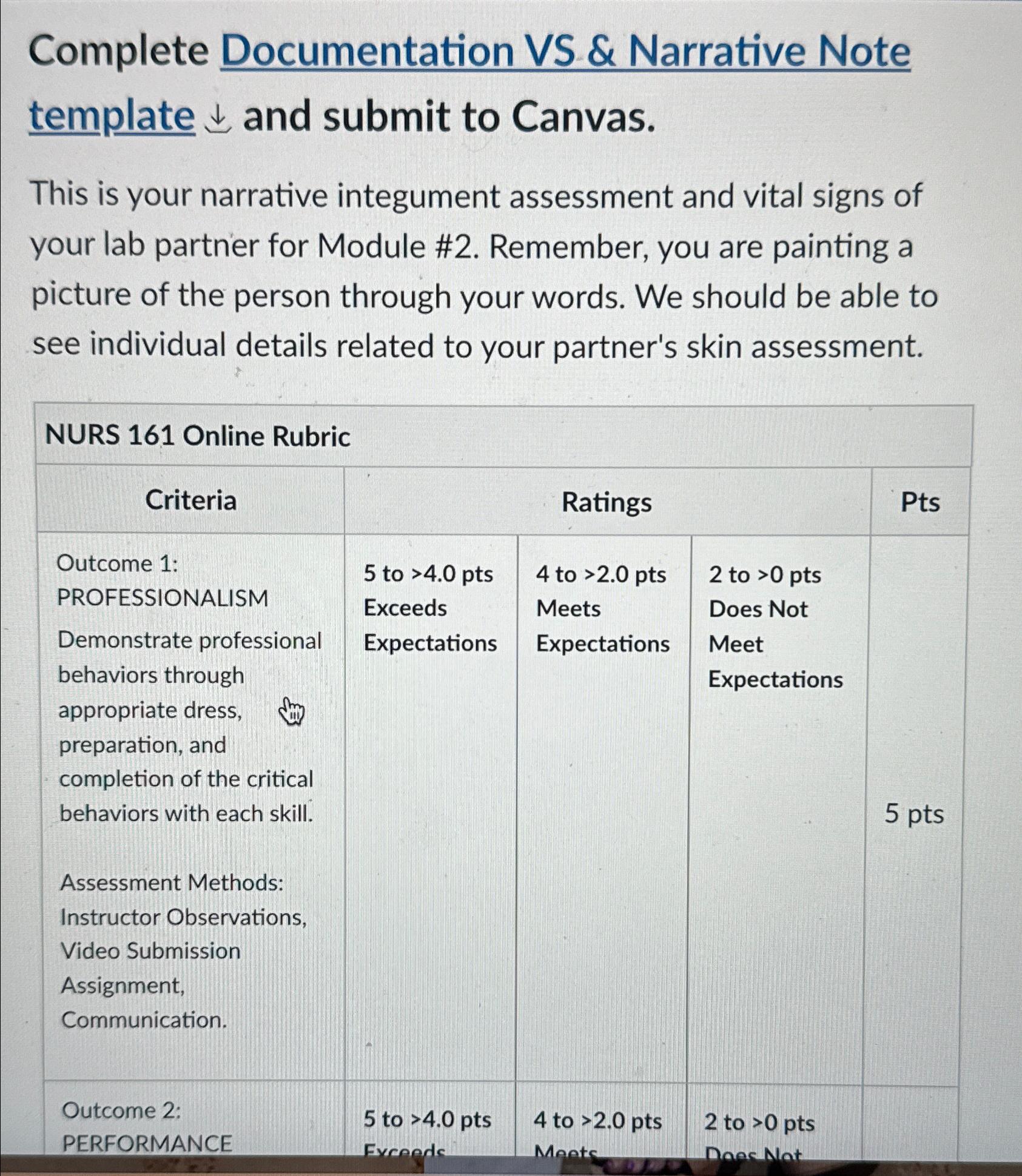 Solved Complete Documentation VS & Narrative Note template | Chegg.com