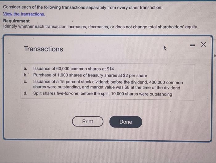 Solved Consider Each Of The Following Transactions | Chegg.com