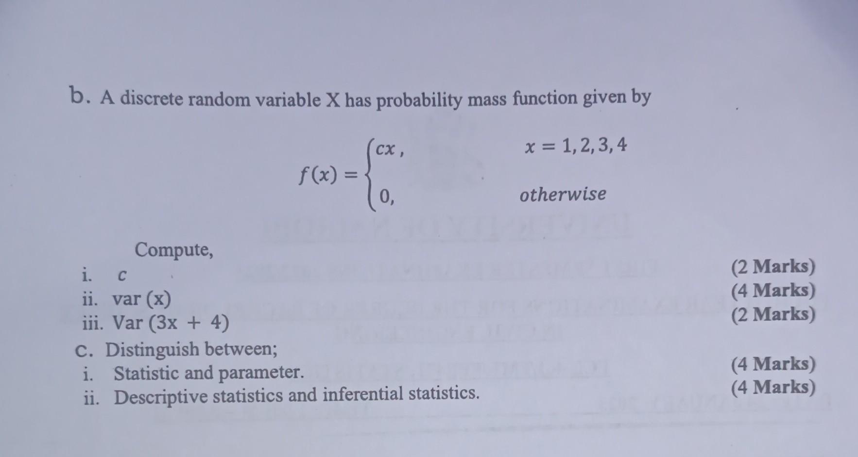 Solved B. A Discrete Random Variable \\( \\mathrm{X} \\) Has | Chegg.com