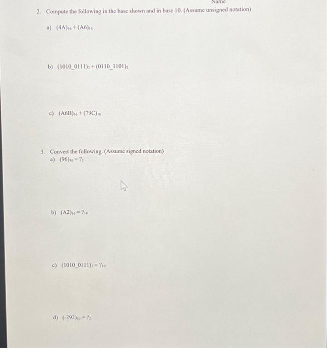 Solved 2. Compute the following in the base shown and in | Chegg.com