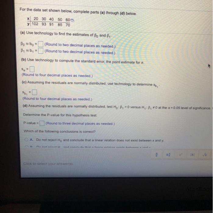 Solved For the data set shown below, complete parts (a) | Chegg.com