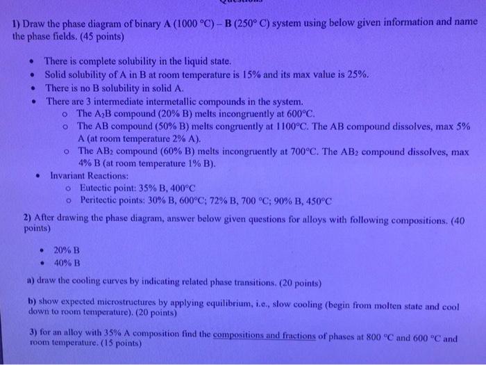 1) Draw the phase diagram of binary A (1000 °C)-B | Chegg.com