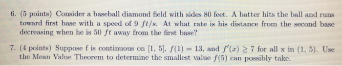 Solved 6. (5 points) Consider a baseball diamond field with | Chegg.com