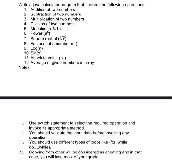 Solved Write A Java Calculator Program That Perform The F Chegg Com