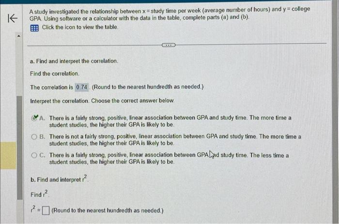 Solved A study investigated the relationship between x= | Chegg.com