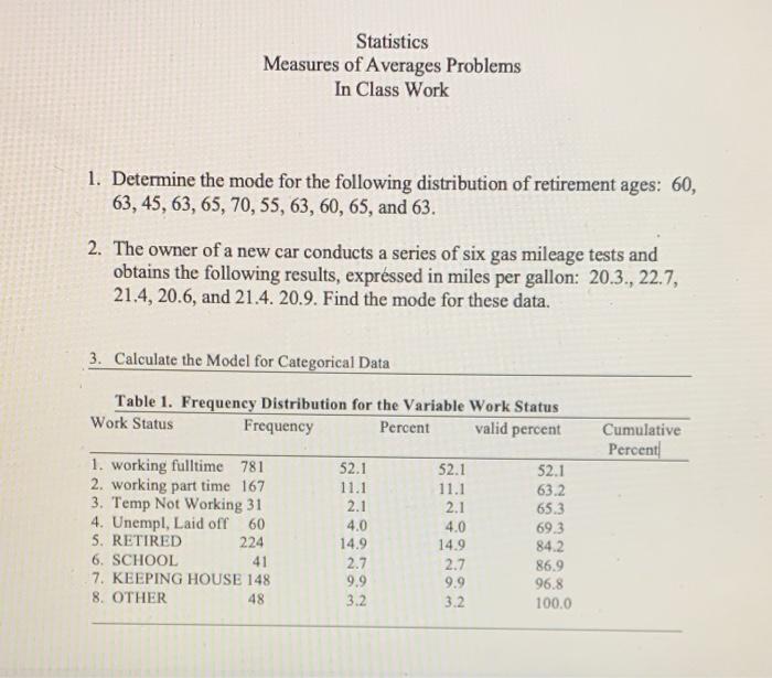 Solved Statistics Measures of Averages Problems In Class | Chegg.com