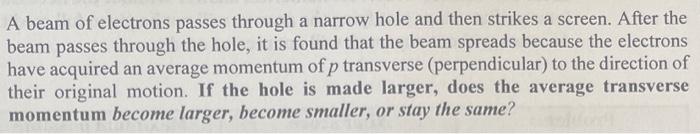 Solved A beam of electrons passes through a narrow hole and | Chegg.com