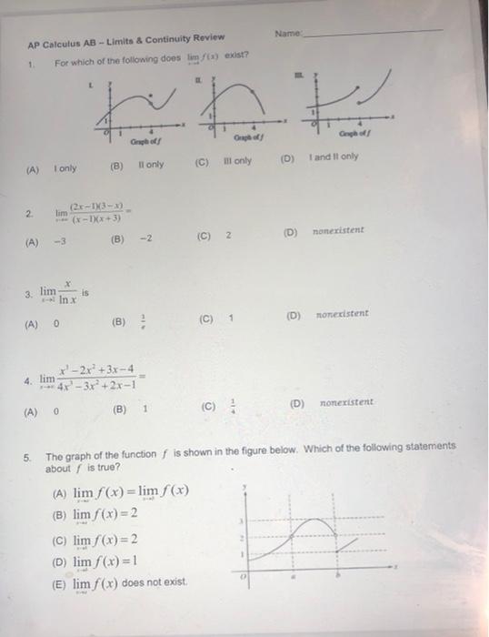 Solved Name AP Calculus AB - Limits & Continuity Review 1 | Chegg.com