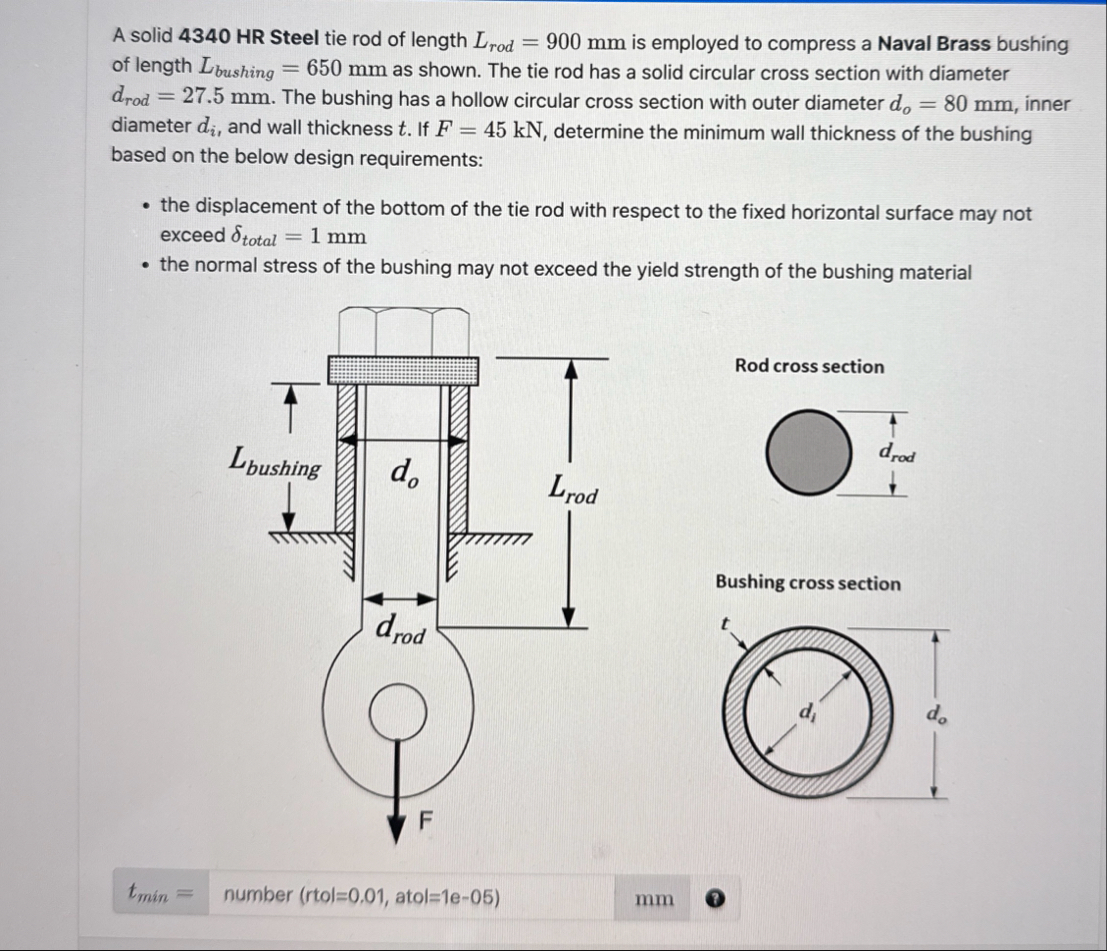 Solved A solid 4340 ﻿HR Steel tie rod of length Lrod =900mm | Chegg.com