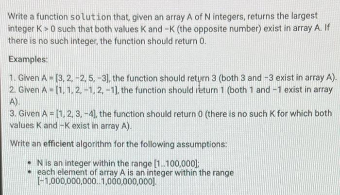 Solved Write a function solution that, given an array A of N | Chegg.com
