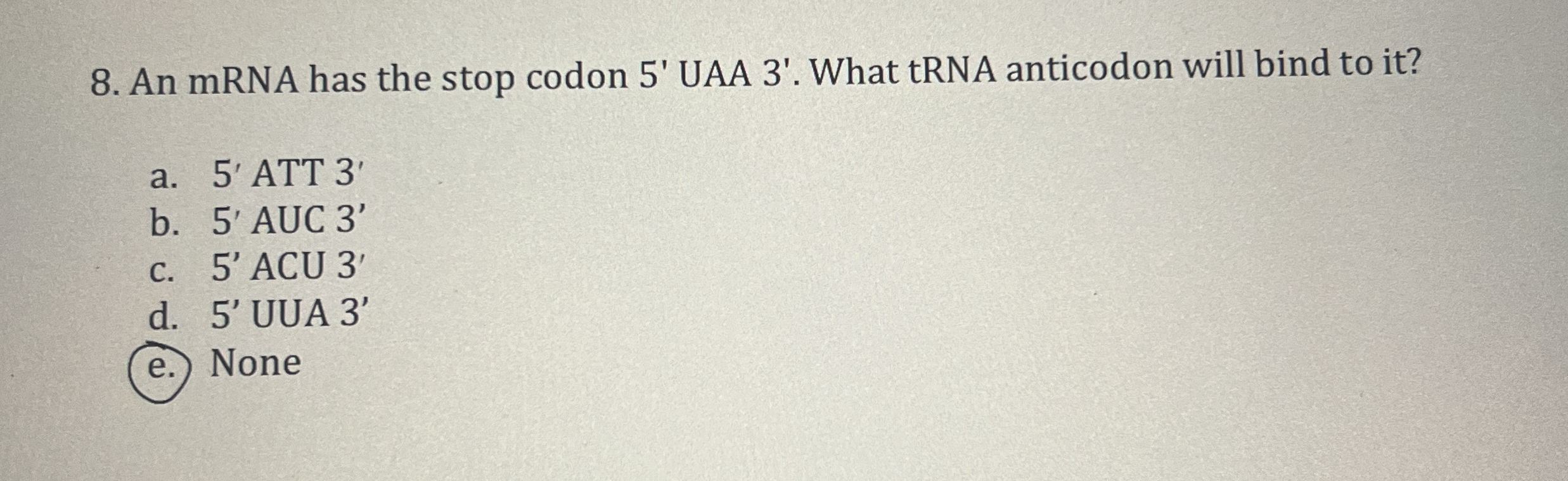 Solved An mRNA has the stop codon 5' ﻿UAA 3'. ﻿What tRNA | Chegg.com