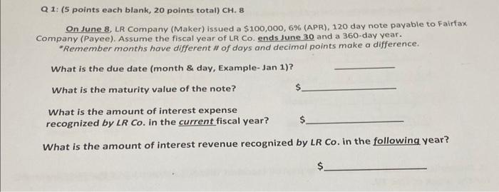 Solved Q 1: (5 points each blank, 20 points total) CH.8 On | Chegg.com